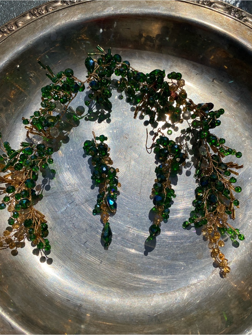 Handcrafted Green Crystal Vine Necklace and Earrings Set